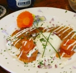 Corn Fritters with Poached Eggs, Smoked Salmon & Crème Fraiche